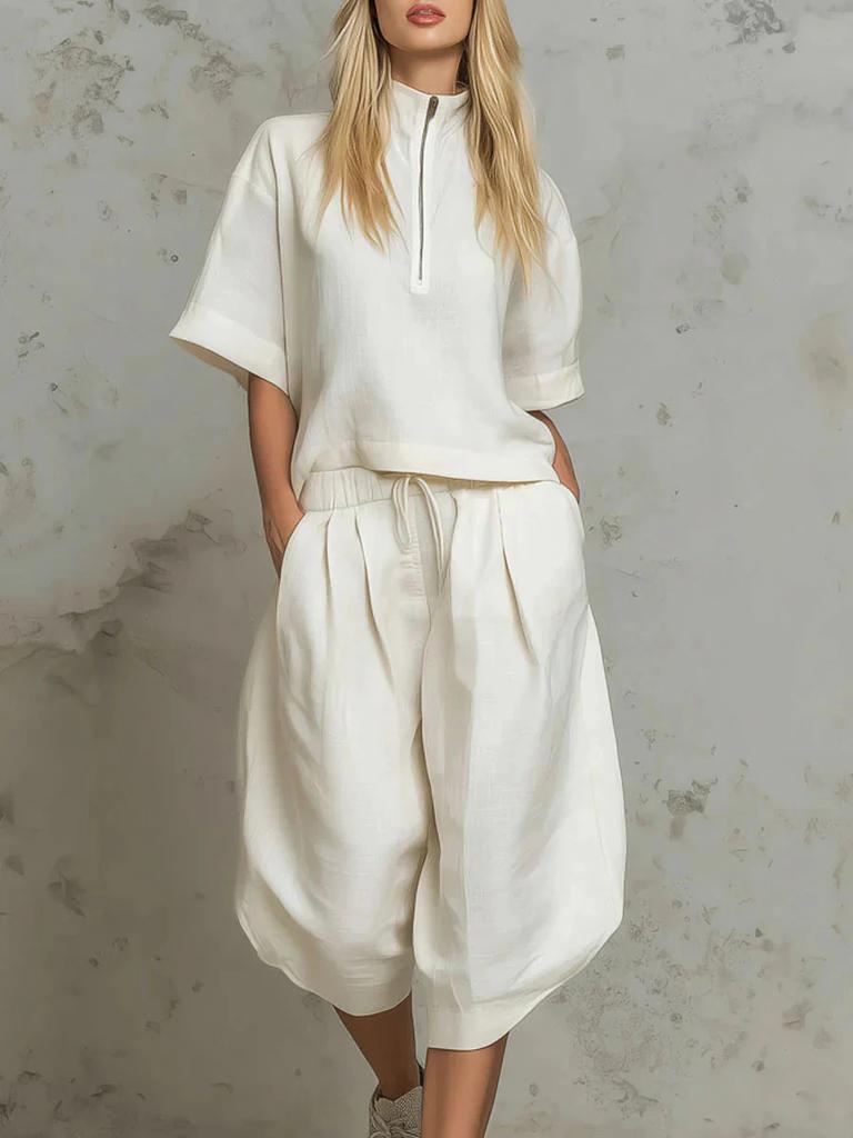 European and American Cross-border Women's Clothing Summer Casual Suit Semi-zipper Shirt Short-sleeved Top Drawstring Wide-leg Cropped Pants Two-piece