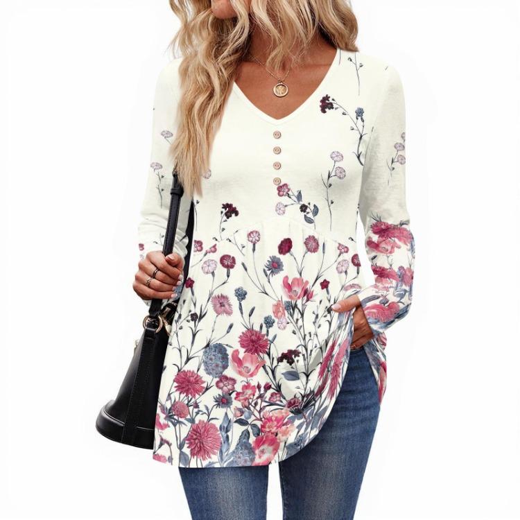 Retro Floral Print Long Sleeve Top Women Casual V Neck Button Blouse