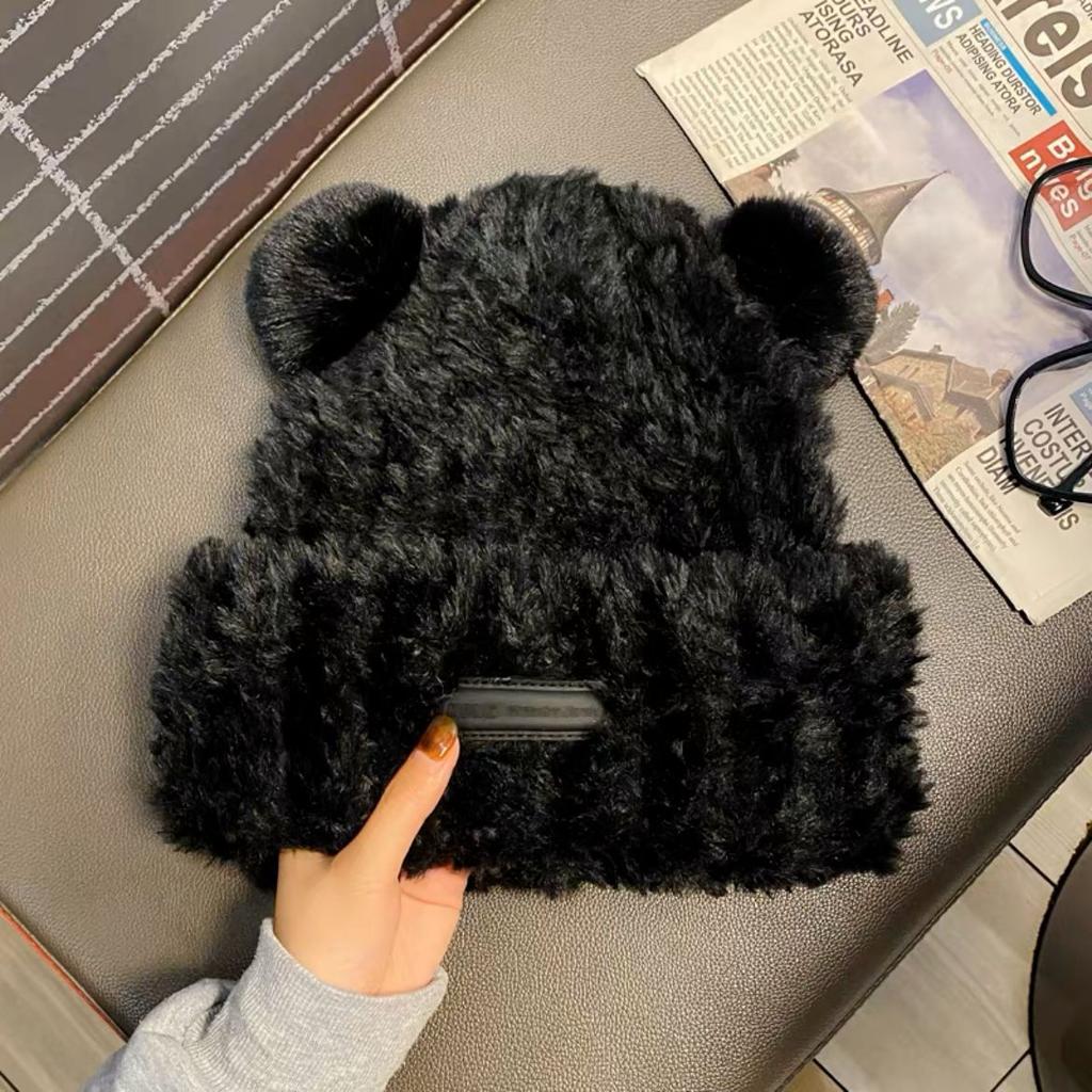 Niedliche Bärenwollmütze für Damen, Winter, verdickt, Plüsch, warm, Plüsch-Glatzenmütze, Herbst und Winter, großer Kopfumfang, Strickmütze