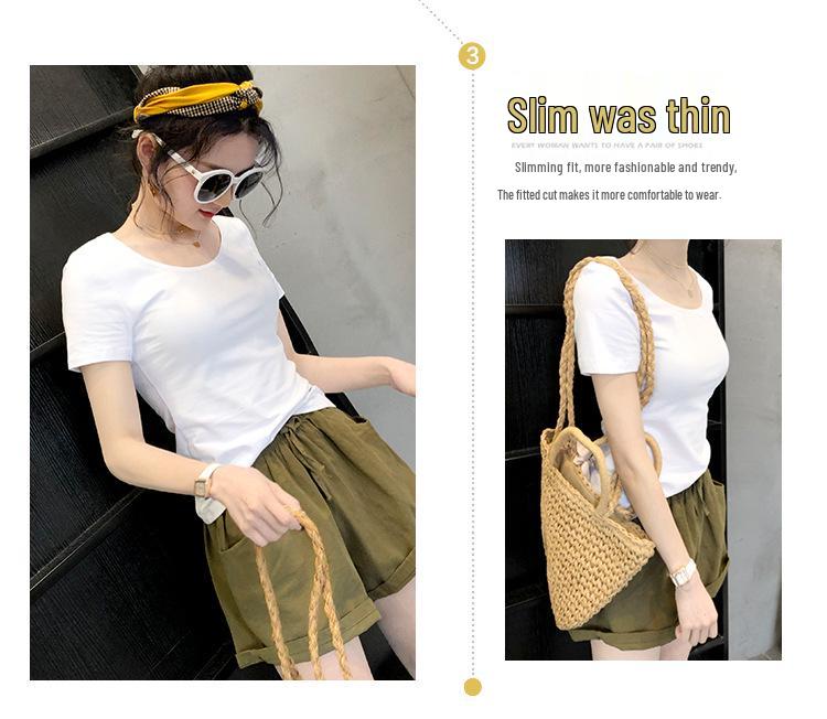 Women's White Short-Sleeve Crew Neck T-Shirt, 2024 Spring/Summer, Slim Fit, Pure Cotton, Basic Top