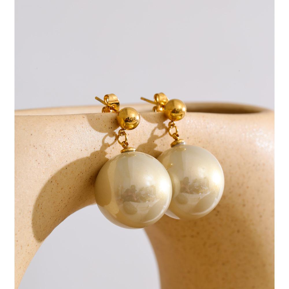 Yhpup 20*20mm Big Simulated Pearls Round Drop Earrings Vintage Stainless Steel Daily Wear Korean Jewelry Wholesale Waterproof