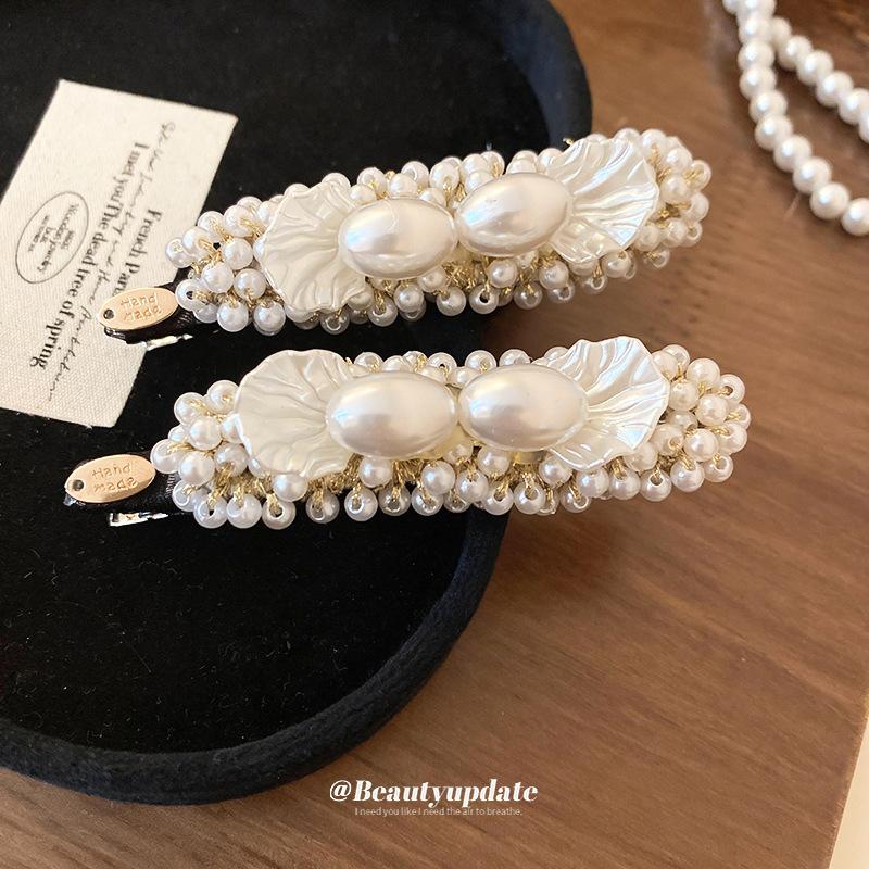 Simple pearl handmade hairpin French elegance temperament bangs side duck bill clip versatile hairpin woman