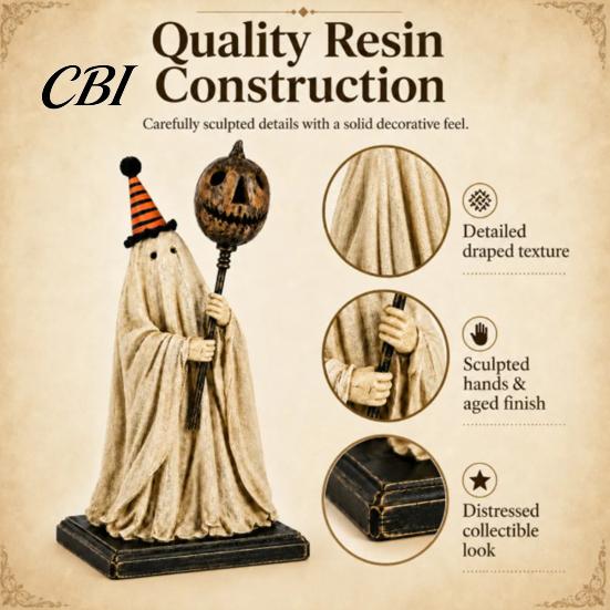 Decorazione Fantasma in Tessuto Shabby Statuetta Vintage con Scettro Zucca Luminoso, Ornamento di Halloween Luce LED Ambra Calda Luce, Resina Illuminata per Interni