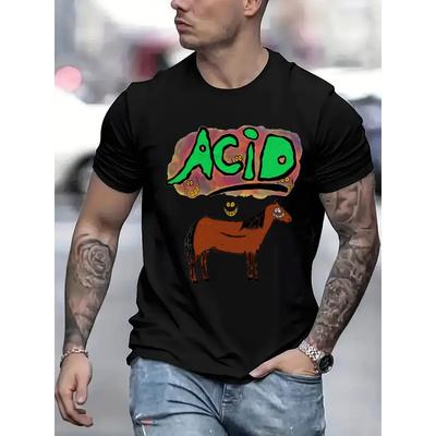 European Sizes Men'S Vibrant Acid Horse Graphic T-Shirt - Casual Crew Neck, Short Sleeve, Lightweight Tee for Summer & Spring