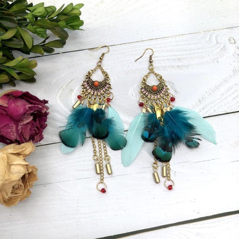 Handmade retro bohemian feather earrings dream catcher elements long fringed earrings temperament women's earrings