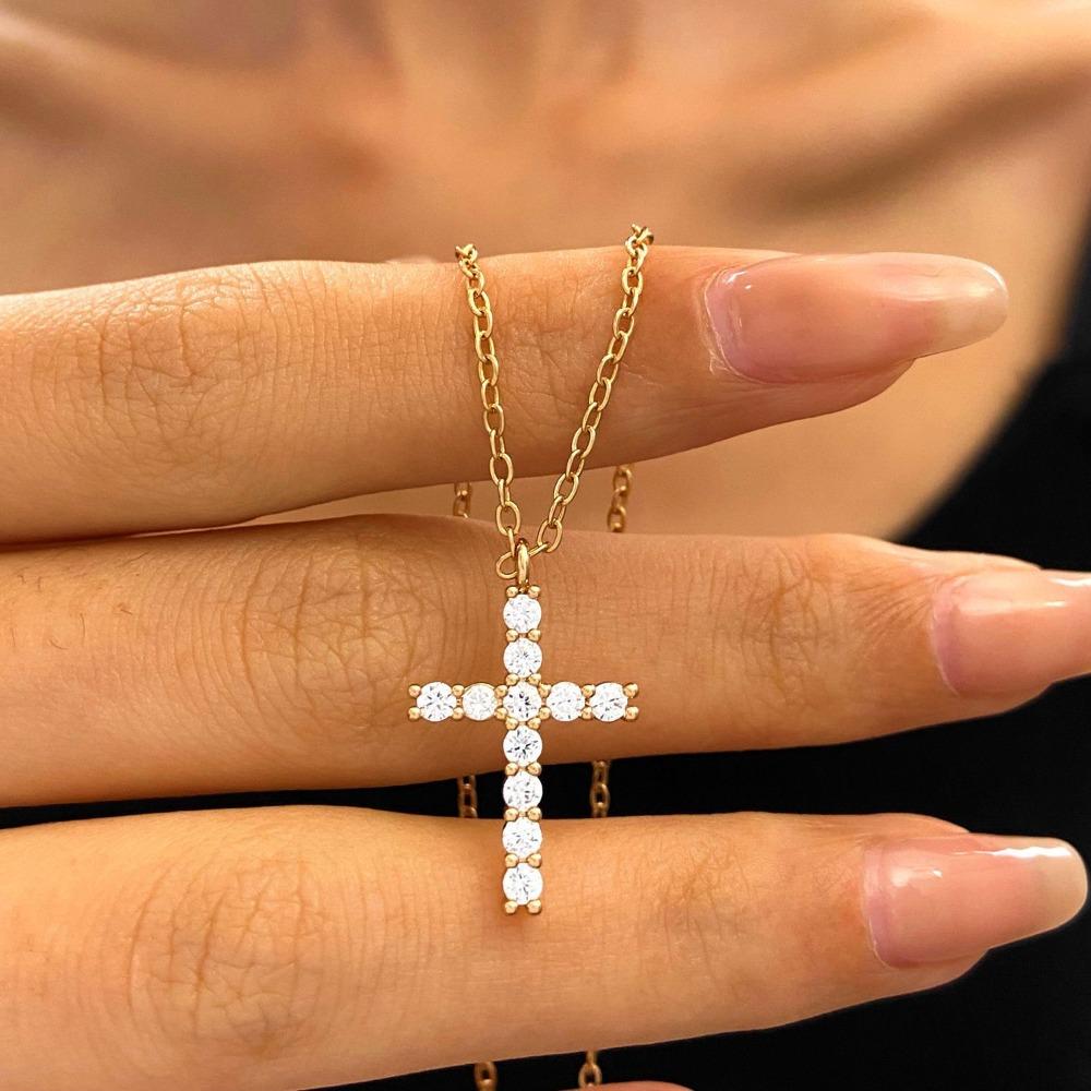 Elegant Rhinestone Inlaid Cross Pendant Necklace, Alloy Material, Simple Style, Daily and Party Decoration, Creative Gift