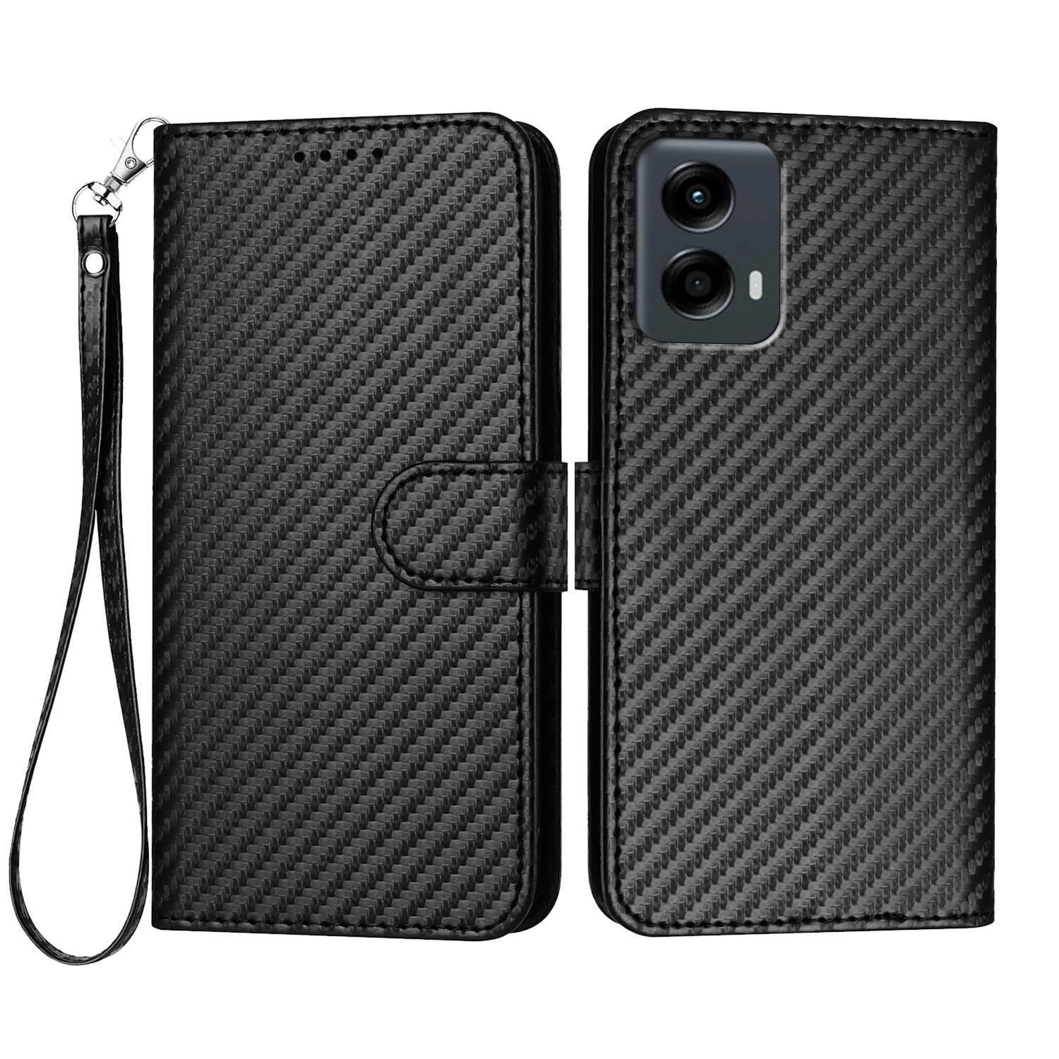 

For Motorola Moto G 5G (2024)/Motorola Moto G Play 5G (2024) Wallet Case with Strap Carbon Fiber Texture Leather Mobile Cover Black