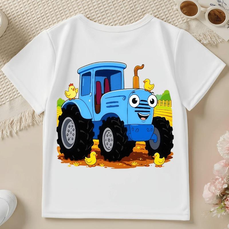 Boys' Short-Sleeve Spring/Summer/Autumn Cartoon Blue Tractor and Farm Chick Cute Print Children's Crew Neck Top