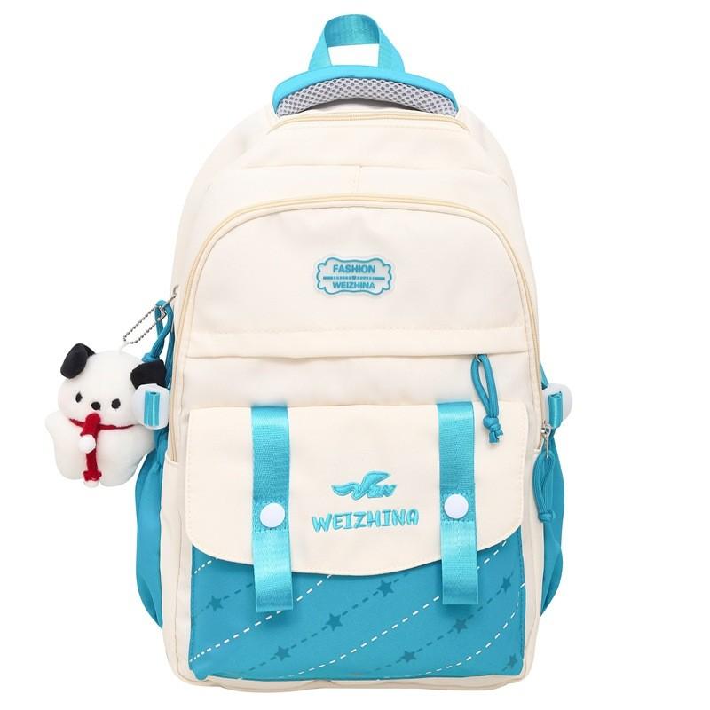Color Blocked Letter Embroidery Student Backpack With Plush Pendant For Daily Use