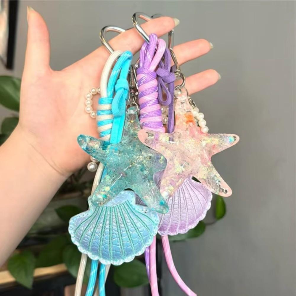 Fashion Pearl Bow Starfish Shell Keychain Braided Rope DIY Jewelry Key Ring Mobile Chain Pendant Bag Charm Accessories
