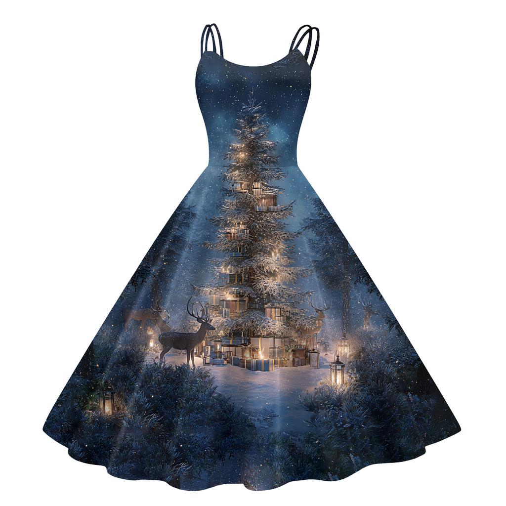 Women's Fashion Casual Christmas Print Sexy Off-the-shoulder Punk Retro Dress