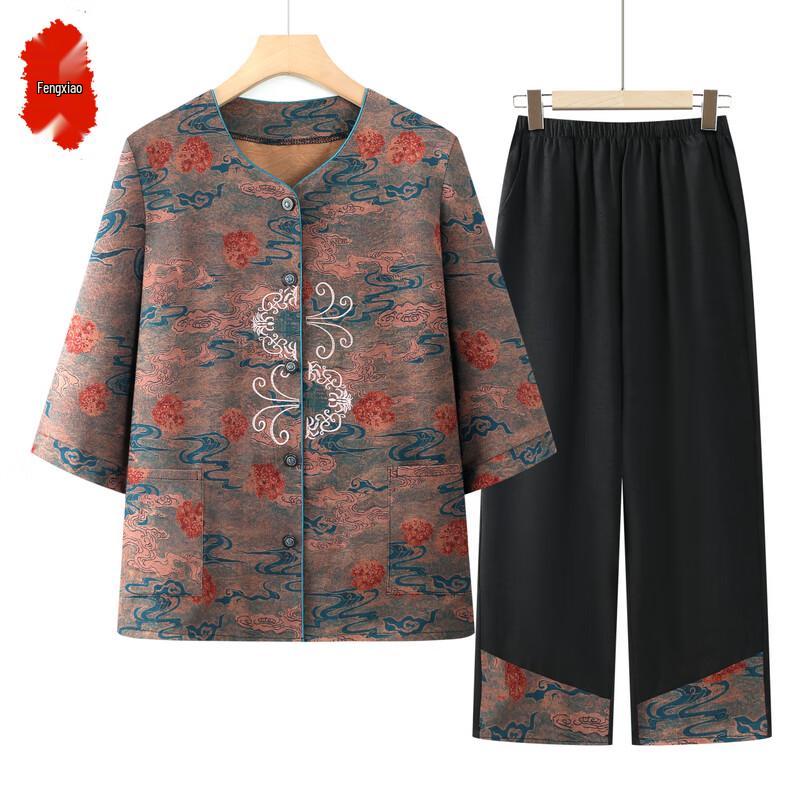 Elegant Senior Women s Floral Print Shirt Set XL