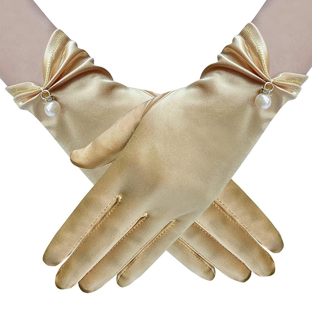 Satins Gloves Evening Gown Gloves with Pearls Decors Wedding Bride Gloves for Formal Occasion Stage Props Hand Gloves
