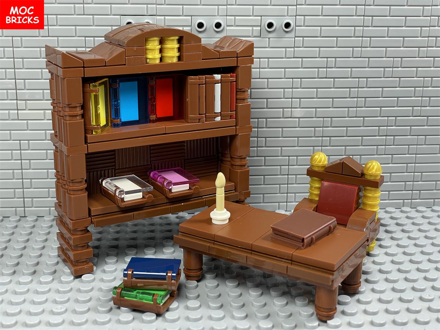 Kit MOC Steine DIY Brauner Klassischer Schreibtisch & Stuhl und Bücherregal Magisches Buch Bausteine Spielzeug ideal für Kinder Weihnachtsgeschenke