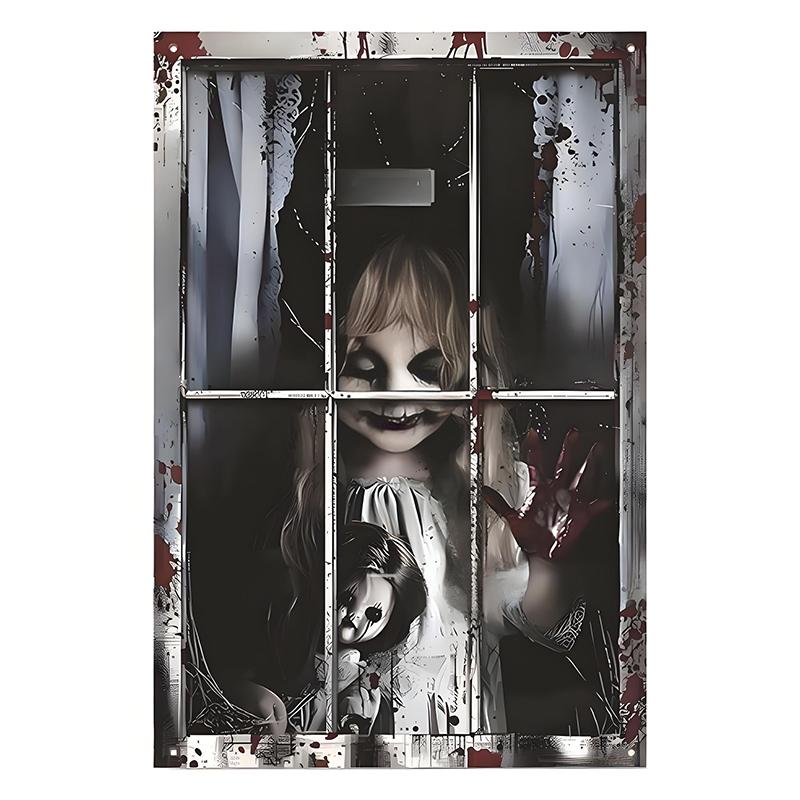 1Pcs Halloween Window Silhouette Decora Halloween Boy Girl Scary Banner Blood Ghost Window Cover Horror Theme Window Poster 2025