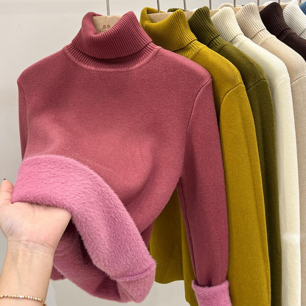 One Piece Velvet High Neck Sweater with Thickened Velvet for Women, Autumn and Winter New Warm Long Sleeved Base Sweater