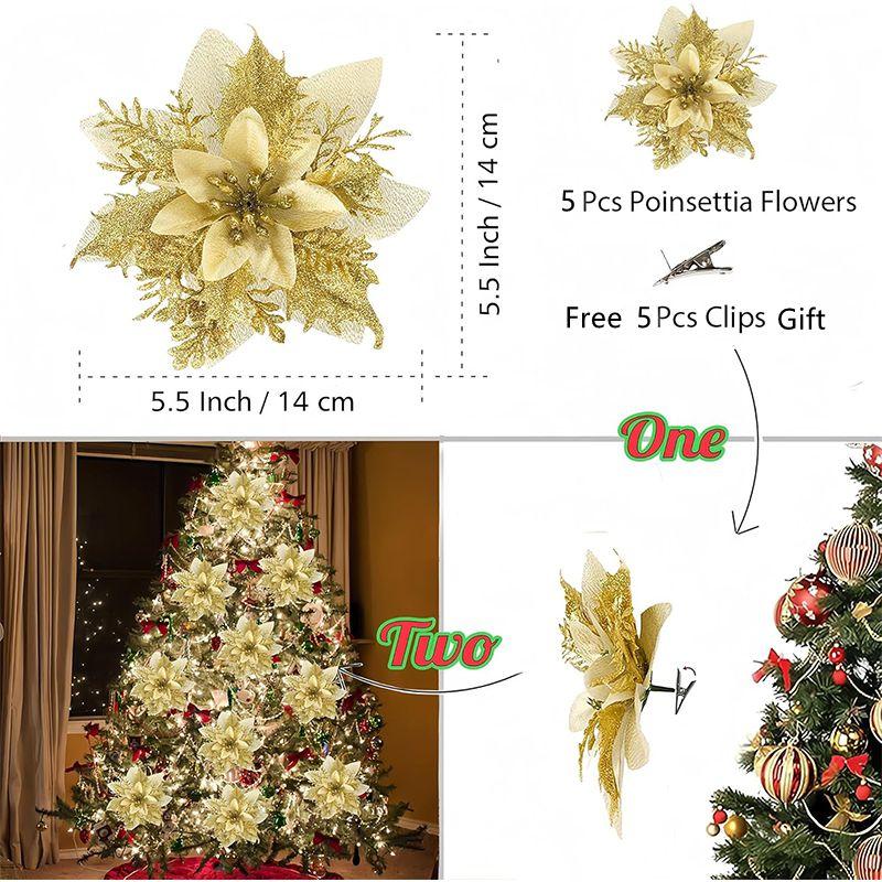 2/5Pcs 14cm Glitter Artifical Christmas Flowers Mreey Christmas Tree Decor Happy New Year Ornaments Xmas Fake Flowers Natal