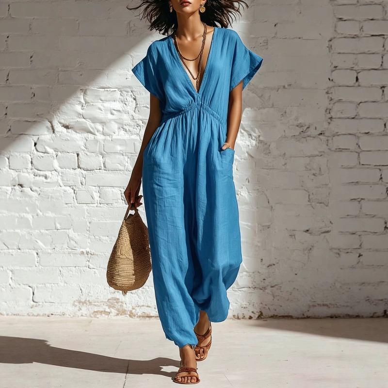 GMXIA Women's Fashion Casual Solid Color Print Summer Spring Short Sleeve V-Neck Suspenders trousers Jumpsuits & Rompers
