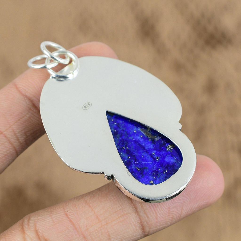 Womens day Deal 925 Silver Pear Natural Lapis Lazuli Handcrafted Mother Pendant