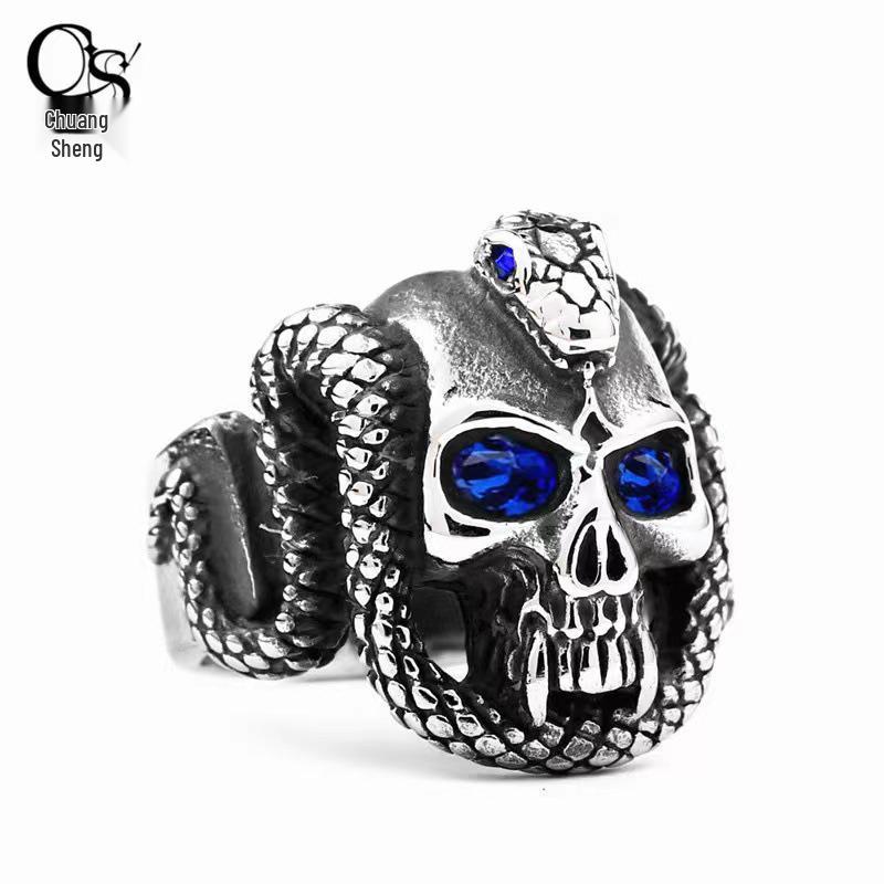 Cross Explosion Eye King Snake & Vampire Skull Men's Ring: Alternative European & American Style Accessory.