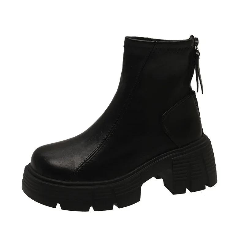 Plataforma Botines de Tobillo para Mujer Tacones Medios Gruesos Cuero Zapatos de Moda Tendencia 2025 Invierno Clásico Bomba Gótica Motocicleta Botas De Mujer