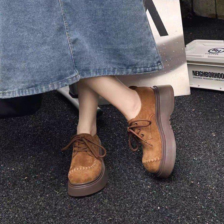 Muffin Platform Loafers Women's Autumn 2025 New Versatile Lace-up Retro Small Man Height-increasing Single Shoes Women