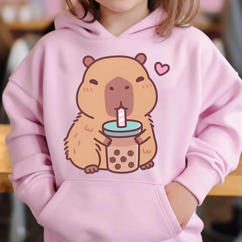 Cute Capybara Loves Bubble Tea Children's Hoodie Pink Autumn and Winter Girl's Top
