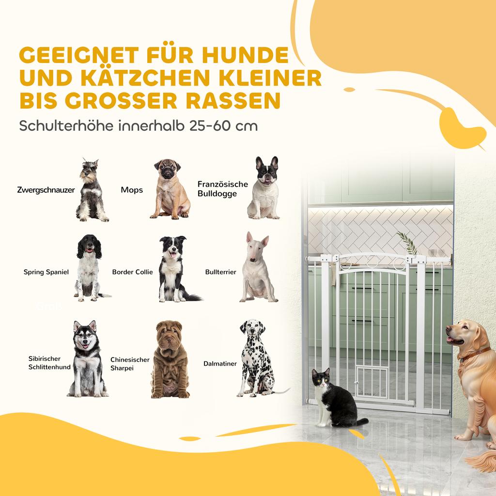 106cm Tall Dog Gate with Cat Door, 7cm and 14cm Extensions, for Stairs, Doorways, 76-104cm Width