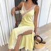 Summer New European and American Women's Clothing Pure Desire Satin Sexy V-neck Lace Slim Suspender Dress