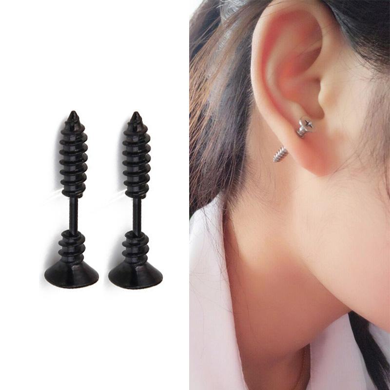 1 Pair Gothic Black Steel-Color Funny Screw Back Stud Earrings For Men/Women Round Ball Spike Cone Tip Stainless Steel Jewelry