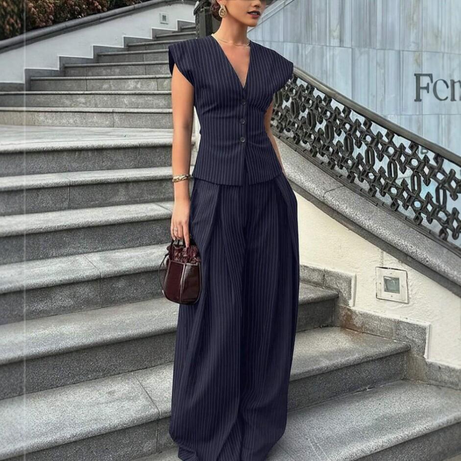 Women Striped Sleeveless V Neck Wide Leg Pants Set Elegant Button Up Top with Pants