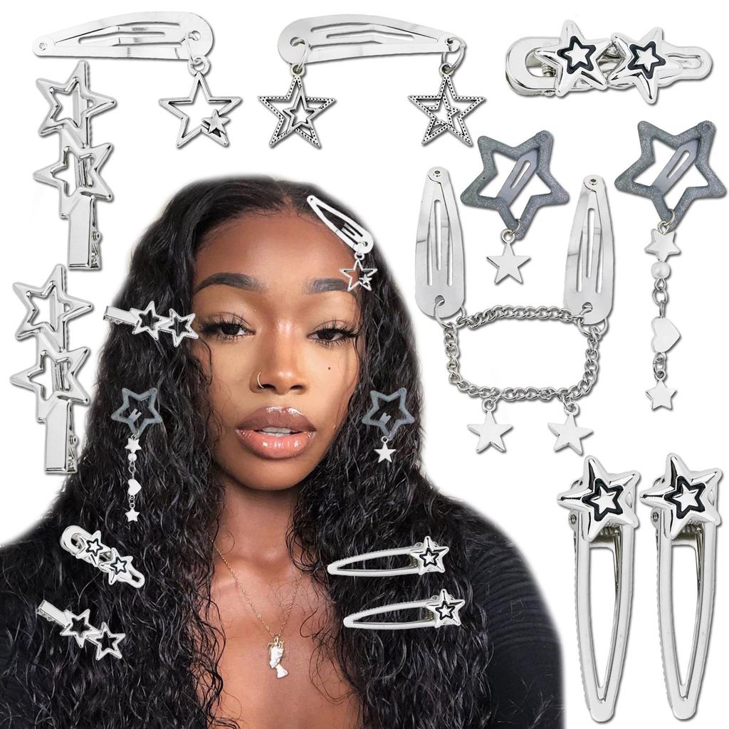 10Pcs/5Pcs Star Pendant Hair Clips Unique Pentagrams Barrettes for Women Hair Accessories Metal Chain Gothic Hair Pins