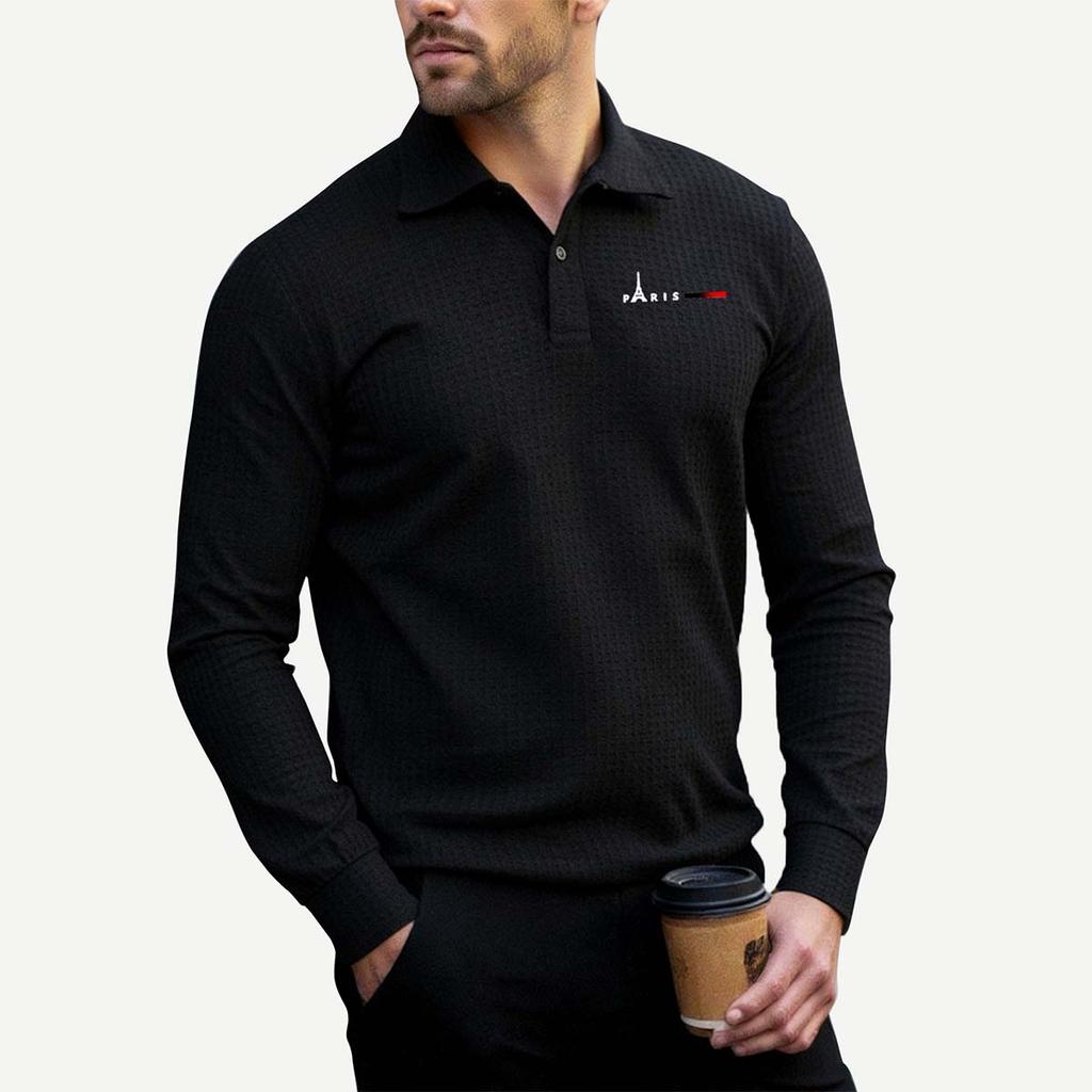 Men's Waffle Knit Paris Eiffel Tower Long Sleeve Polo