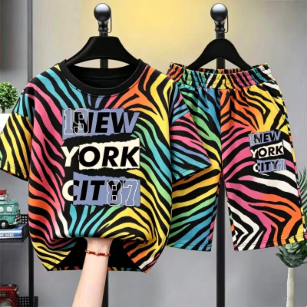 Fashion Colorful Zebra Stripe Letter Printed Men's T-shirt and Shorts 2 Piece Set Summer Home Outdoor Casual Outfit for Men's and Women's T-shirt Set