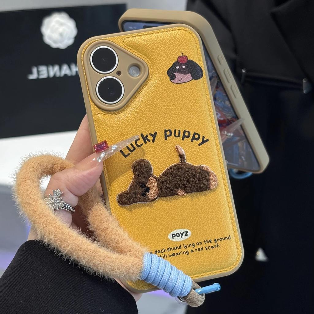 Embroidered Puppy Lanyard for Apple 16/17 Phone Case iPhone 15 Bulge Bag Candy Air Cushion 14 Bracket 13
