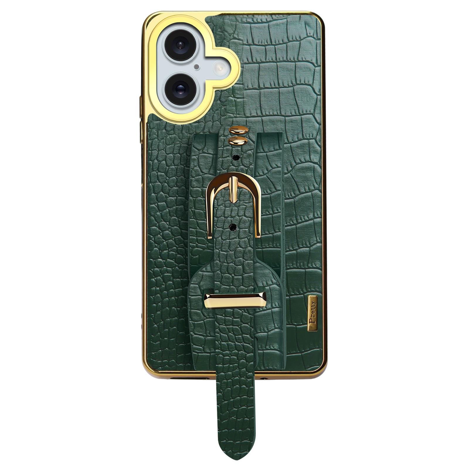 

For iPhone 16 Case Crocodile Texture PU Leather+TPU Electroplating Phone Cover Wristband Kickstand C