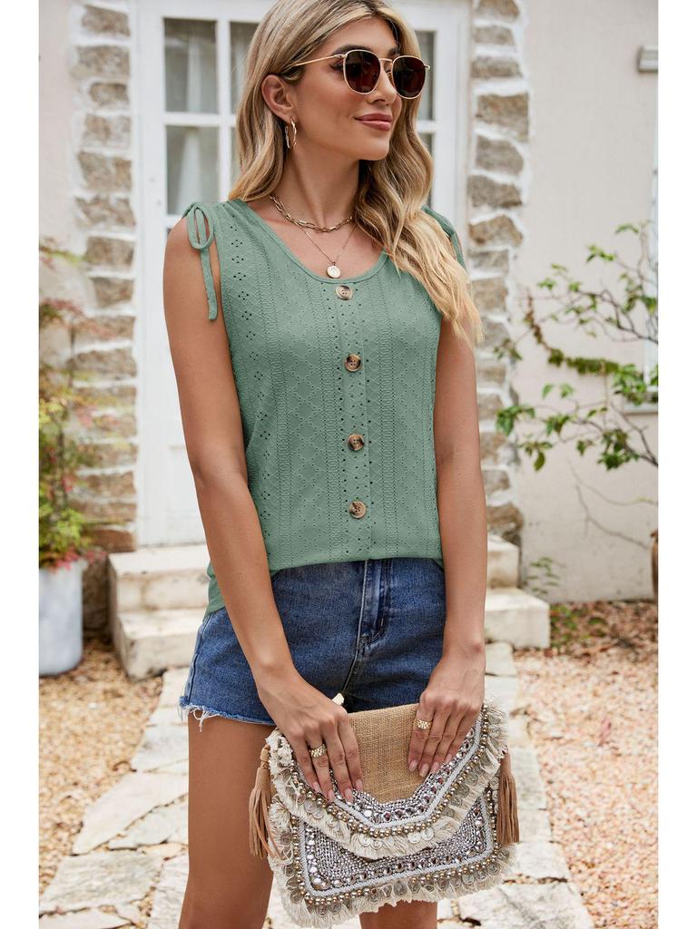 2024 Summer European & American Women's Fashion Hollow Out Drawstring Sleeveless Button Camisole