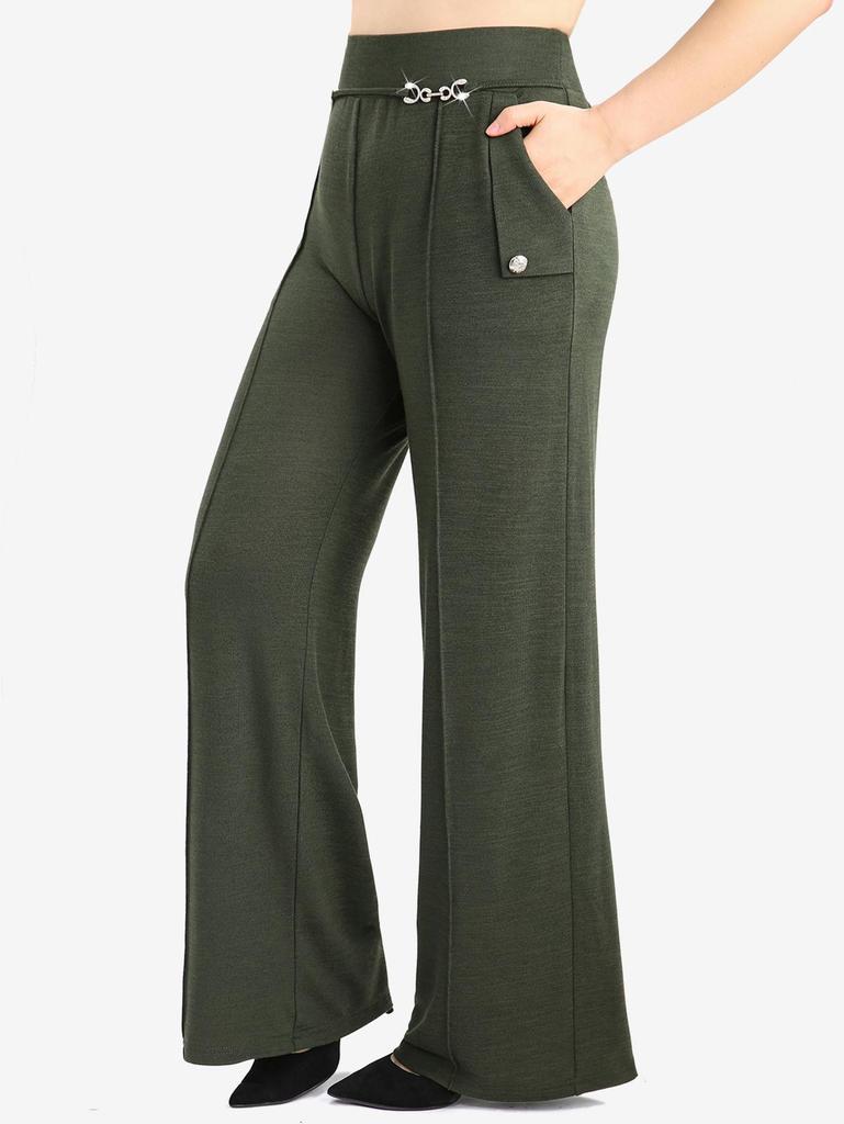 Rosegal Plus Size Pintuck Buckles Waist Pockets Buttons Wide Leg Pants