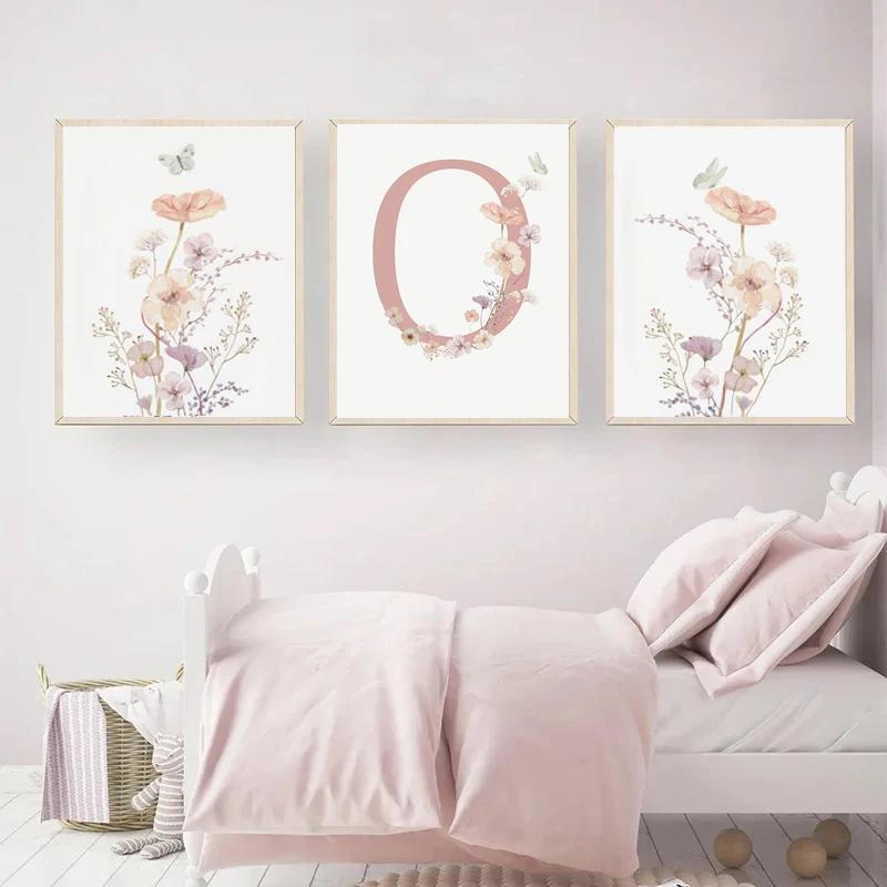 Personalized Name and Wildflower Canvas Painting Nursery Decoration Poster Picture Pink Floral Baby Girl Bedroom Wall Art Prints