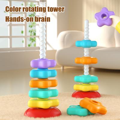 Star Stacking Spiral Tower Automatic Rotatable Rainbow Star Ring Toy Fine Motor Skills Early Educational Stack Game Toddlers Boys Girls Gift