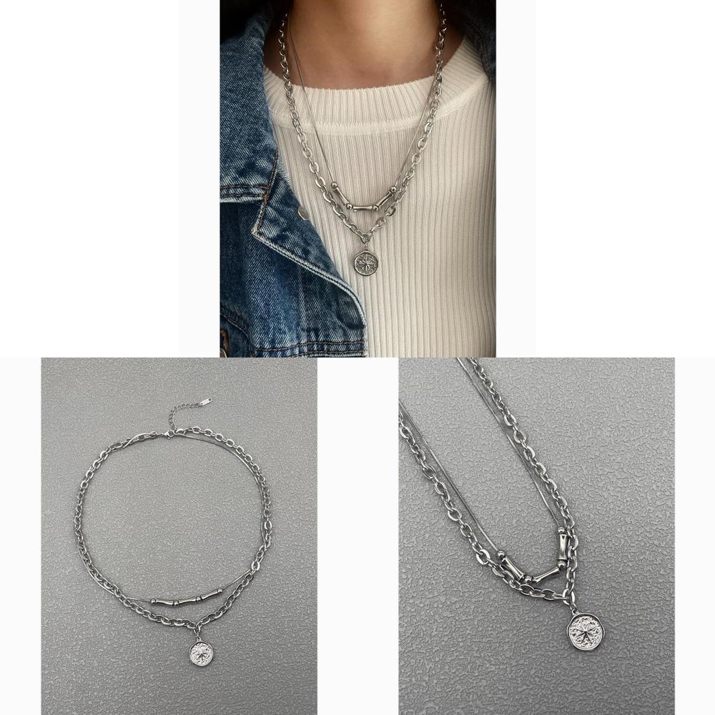 Geometric Layered Stainless Steel Pendant Necklace For Men And Women