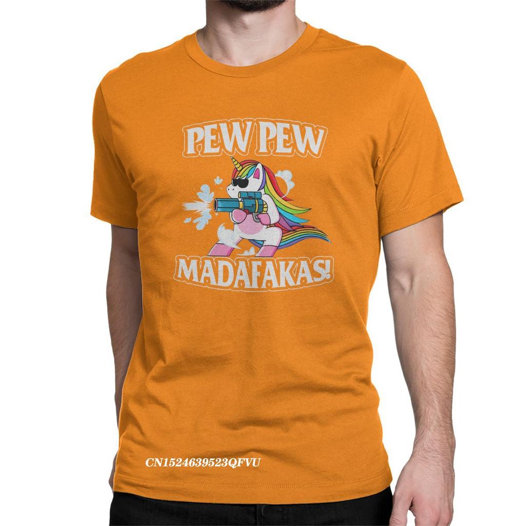 Funny Pew Pew Madafakas Men's Tops T Shirts Unicorn Humor Tee Shirt Harajuku Round Collar T-Shirts Cotton Clothes