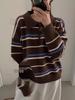 Women's Autumn Color Block Striped Polo Collar Sweater - Korean Style Versatile Pullover Knitwear