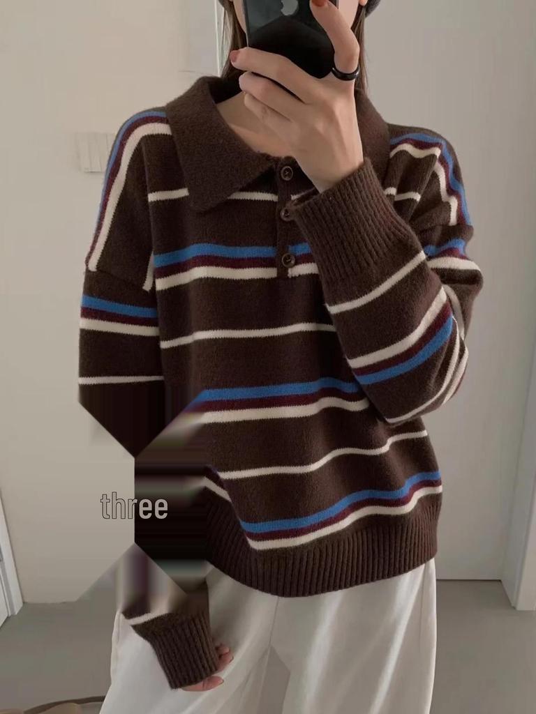 Women's Autumn Color Block Striped Polo Collar Sweater - Korean Style Versatile Pullover Knitwear