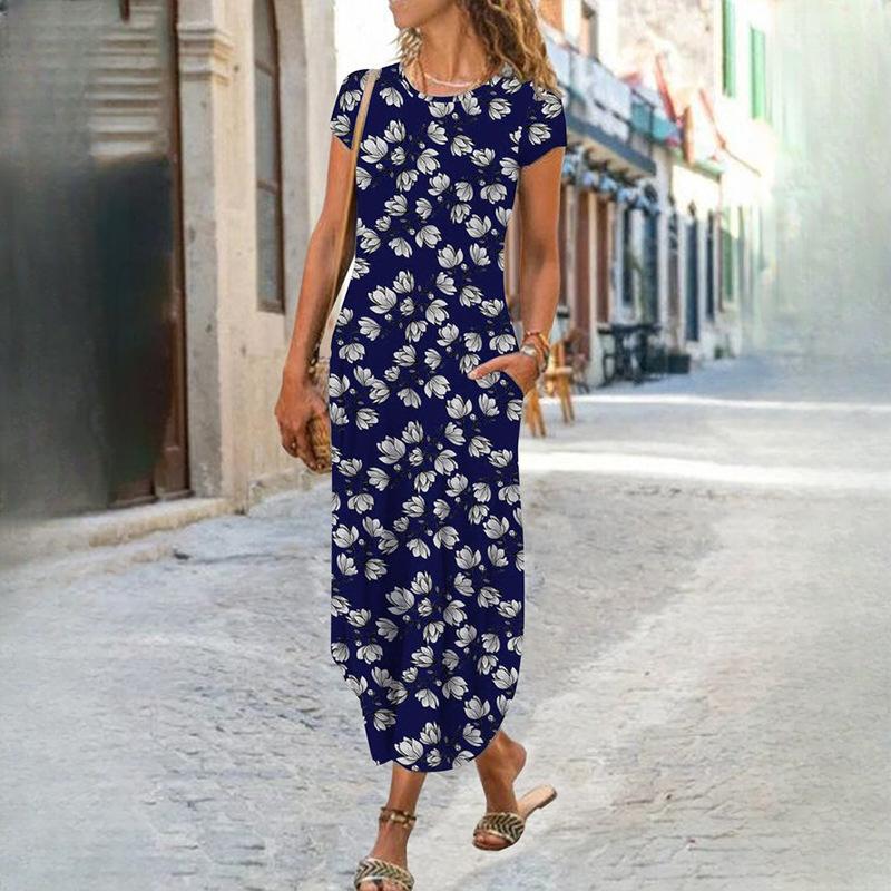 IHUASU Women's O Neck Plug Pocket Short Sleeve Trendy Printed Dresses