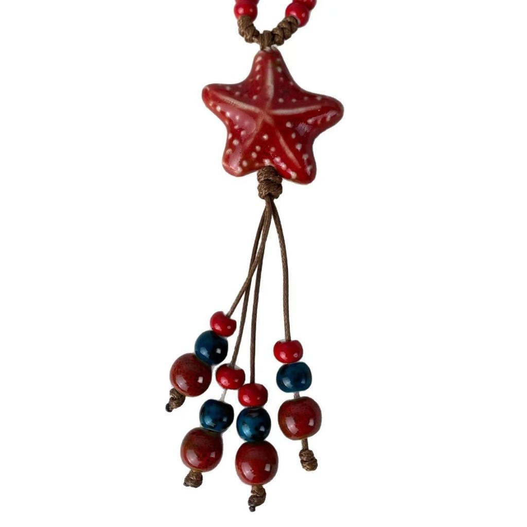 New Chinese Color Ceramic Beaded Star Necklace Female Bohemian Retro Ethnic Style Long Sweater Chain Accessories