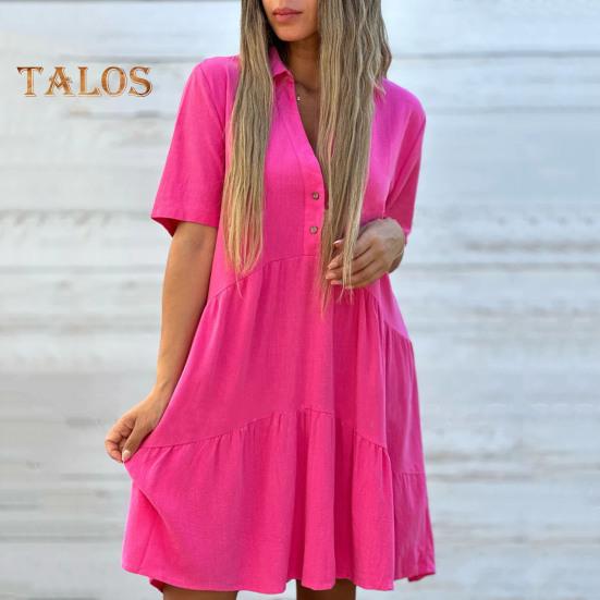 Rochie de vară pentru femei, cu guler în V, revere, plisată, petice la tiv, culoare uni, largă, linie A, cu fustă amplă, mâneci scurte, lungime midi până la genunchi