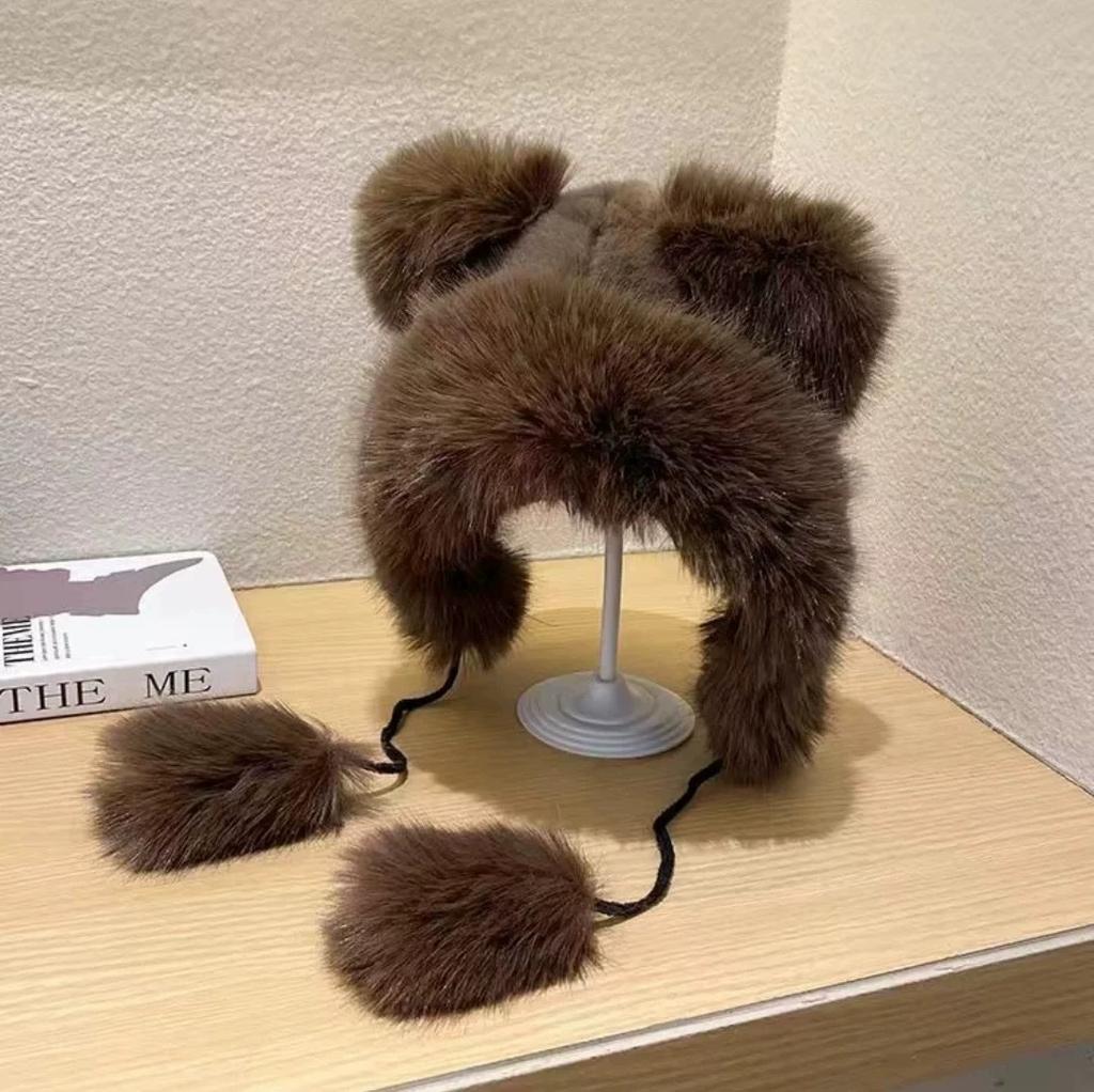 New Plush Cute Little Bear Ear Hat Fox Fur Hat Thickened Ear Protection Snow Hat Women's Plush Little Bear Hat Fashion Versatile