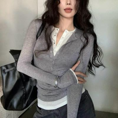 Korean Chic Design Fake Two Pieces Long Sleeves Shirt Women Autumn 2024 New Elegant All Match Slim Fit Slimming Base Tops Winter