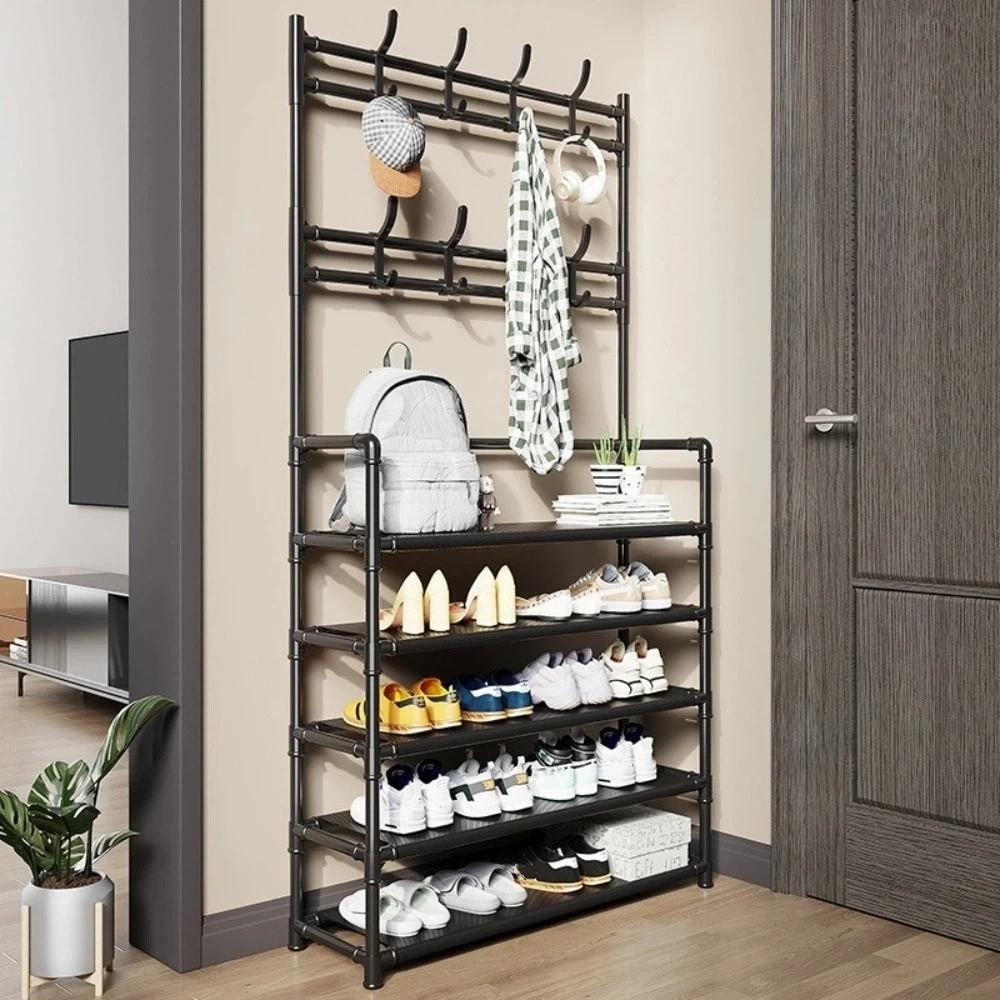 Multi-Layer Coat Rack 3-in-1 Metal Construction Shoe Rack Organizer Multifunction Freestanding Coats Hat Shelf Home Organization